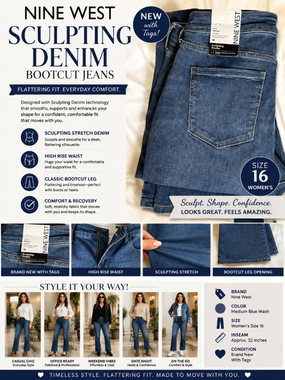 NEW Nine West Sculpting Denim Bootcut Jeans Women’s Size 16 High Rise Blue